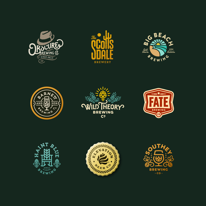 Brewery Logos by Sunday Lounge - Obscure Brewing Logo - Scottsdale Brewery Logo - Big Beach Brewing Logo - Barnett Brewing Logo - Wild Theory Brewing Logo - Fate Brewing Logo - Haint Blue Brewing Logo - Elevation Beer Co Logo - Southey Brewing Logo