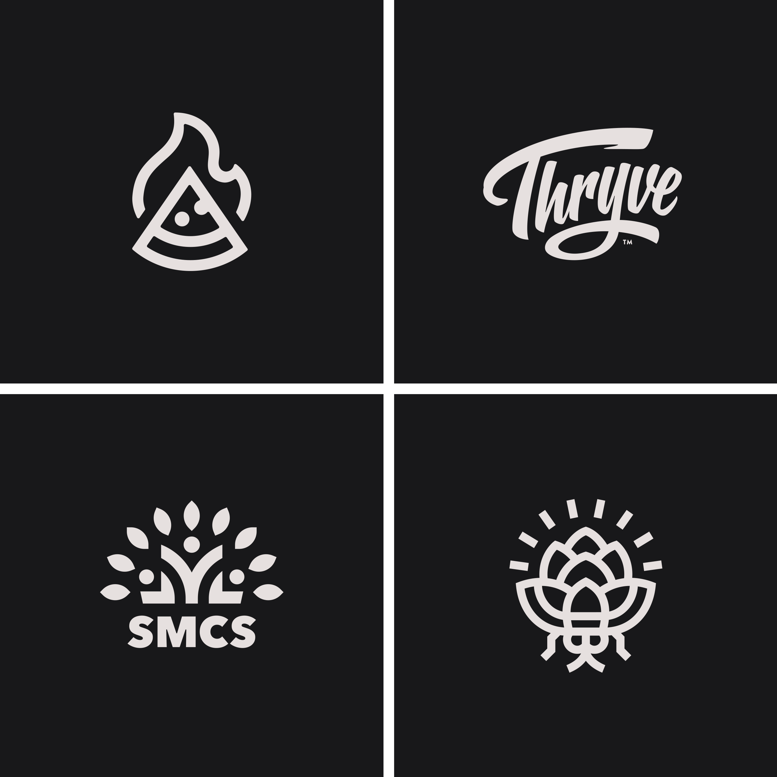 Logos by Sunday Lounge : Happy Pizza Co Logo - Thryve Logo - SMCS Logo - HopFly Brewing Logo