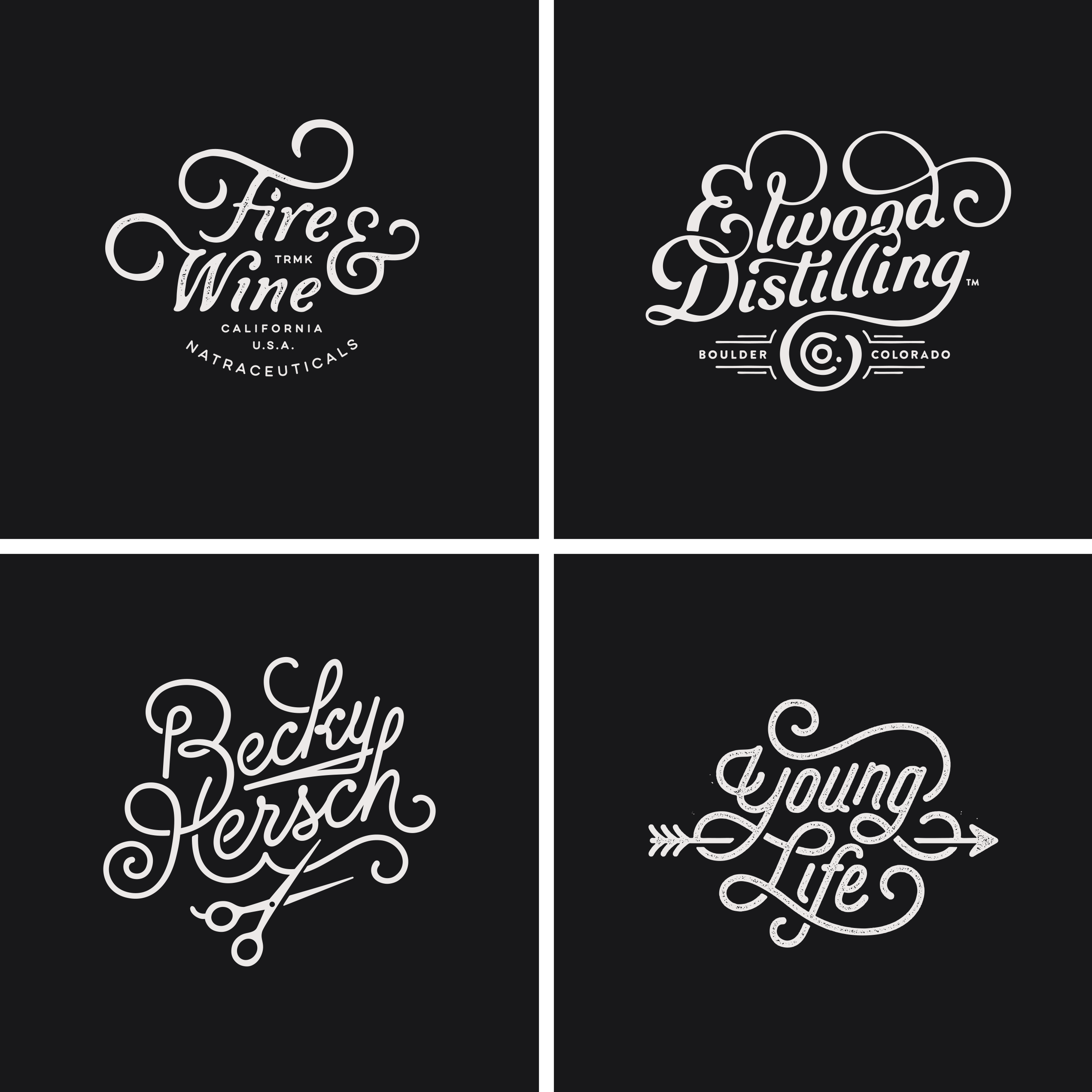 Logos by Sunday Lounge : Fire and Wine Logo - Elwood Distilling Logo - Becky Hersch Logo - Young Life Logo
