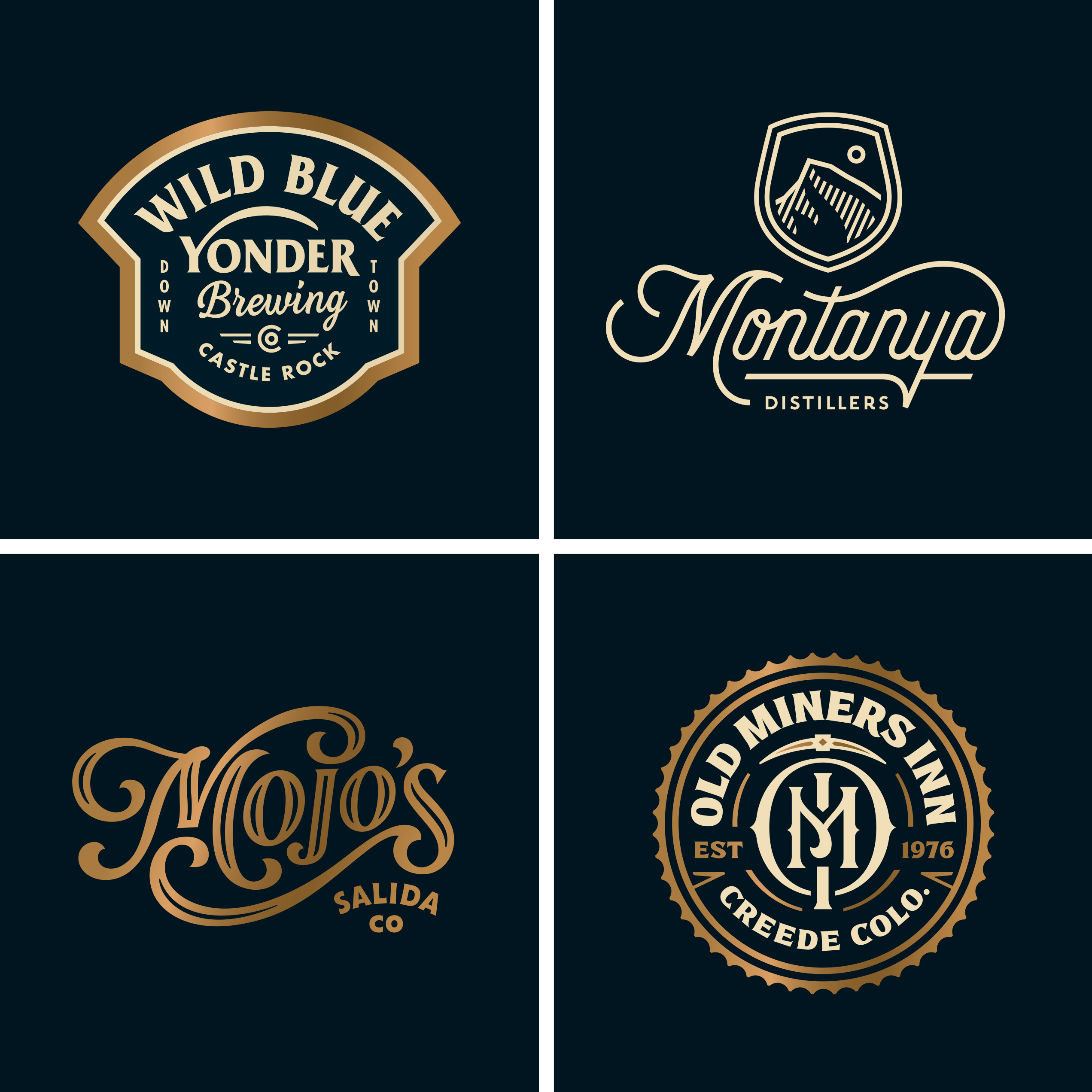 Logos by Sunday Lounge - Wild Blue Yonder Brewing Logo - Montanya Distillers Logo - Mojos Logo - Old Miners Inn Logo