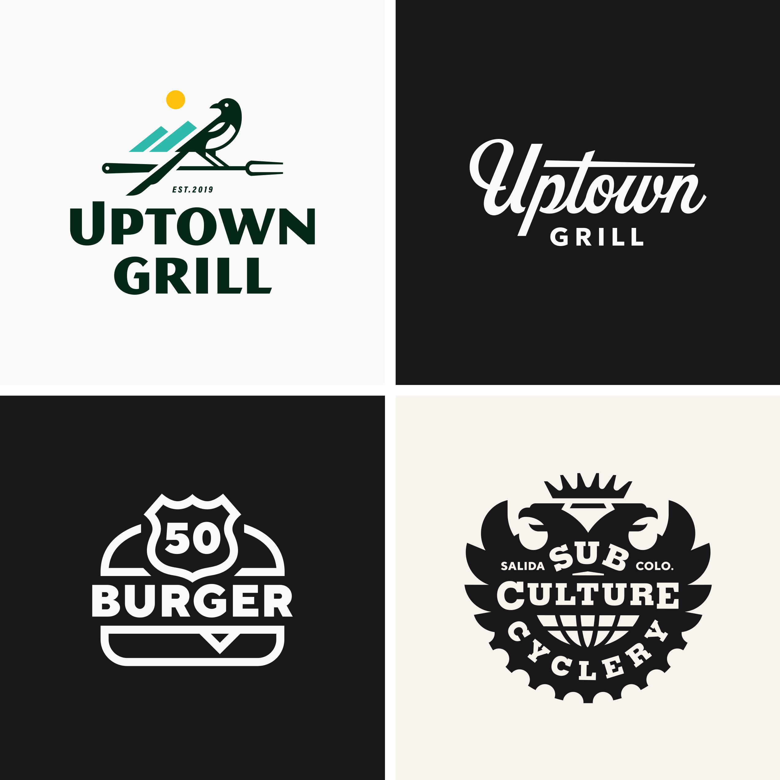 Logos by Sunday Lounge : Uptown Grill Logo - 50 Burger Logo - SubCulture Cyclery Logo