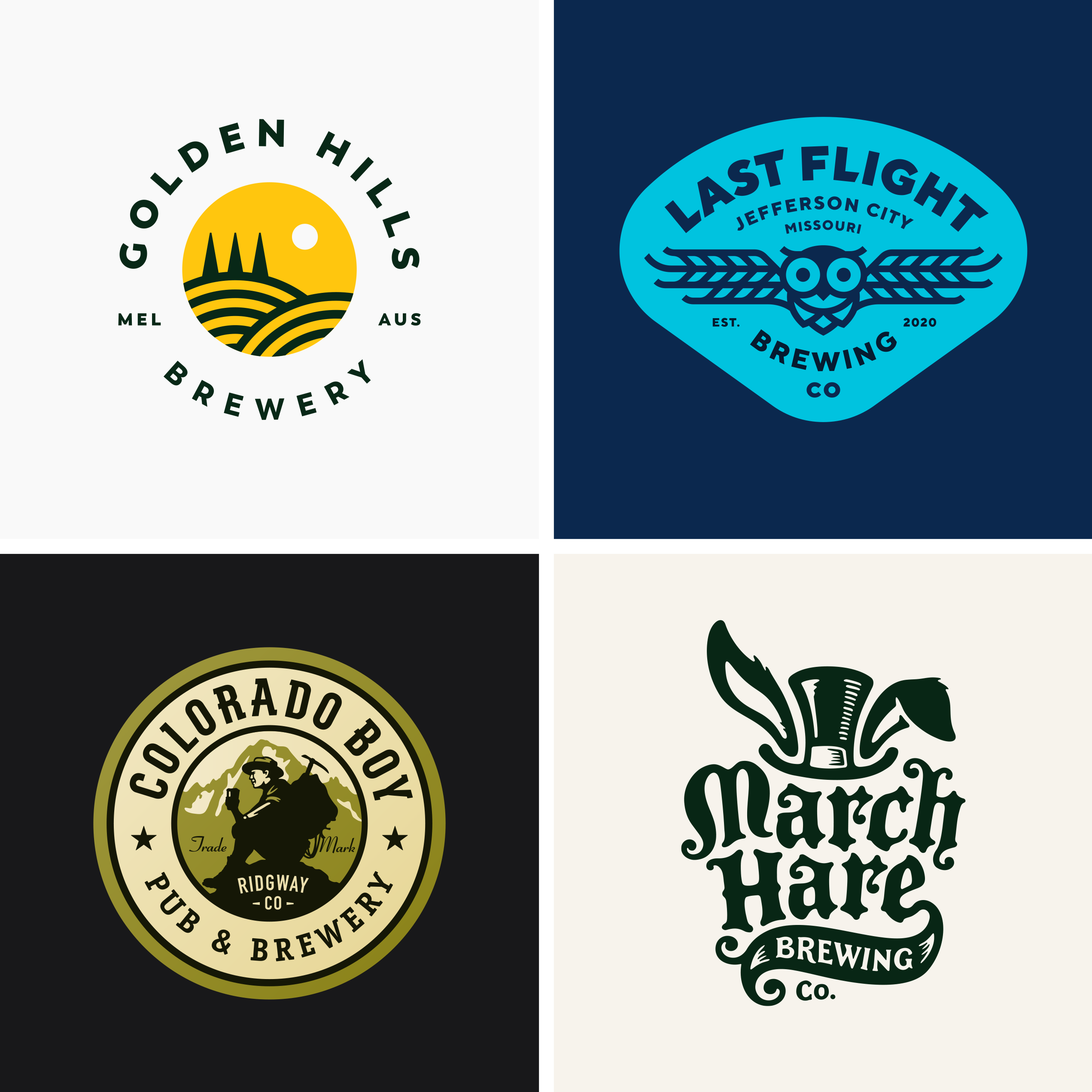 Logos by Sunday Lounge : Golden Hills Brewery Logo - Last Flight Brewing Logo - Colorado Boy Logo - March Hare Brewing Logo